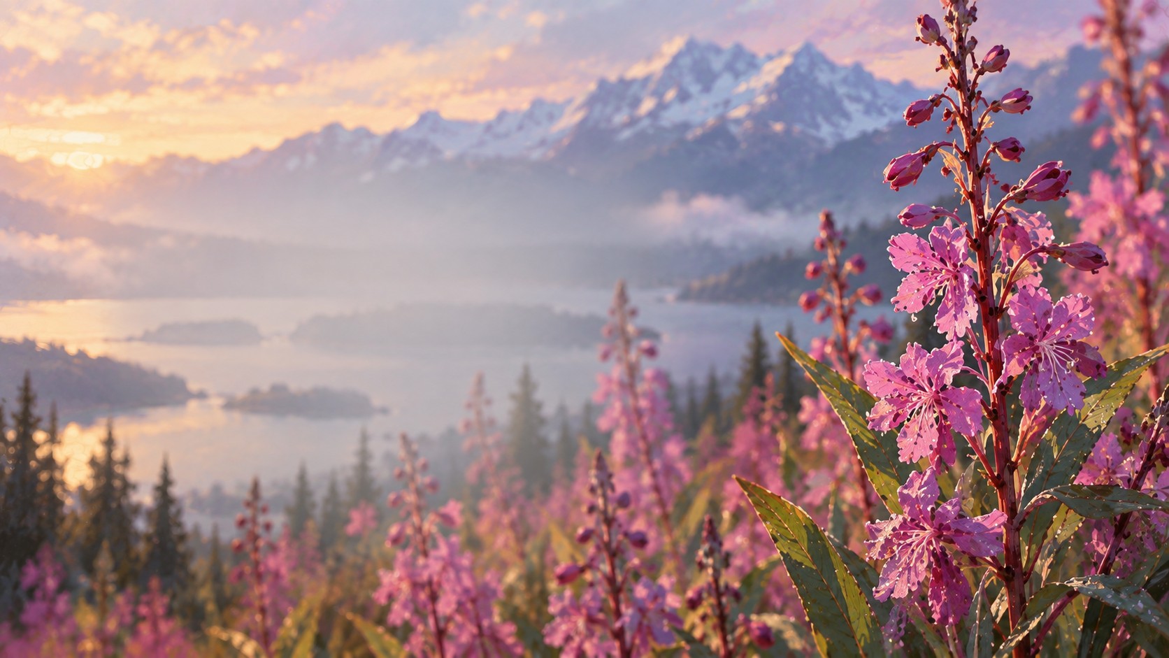 Fireweed blooming above an Alaska lake and mountain landscape